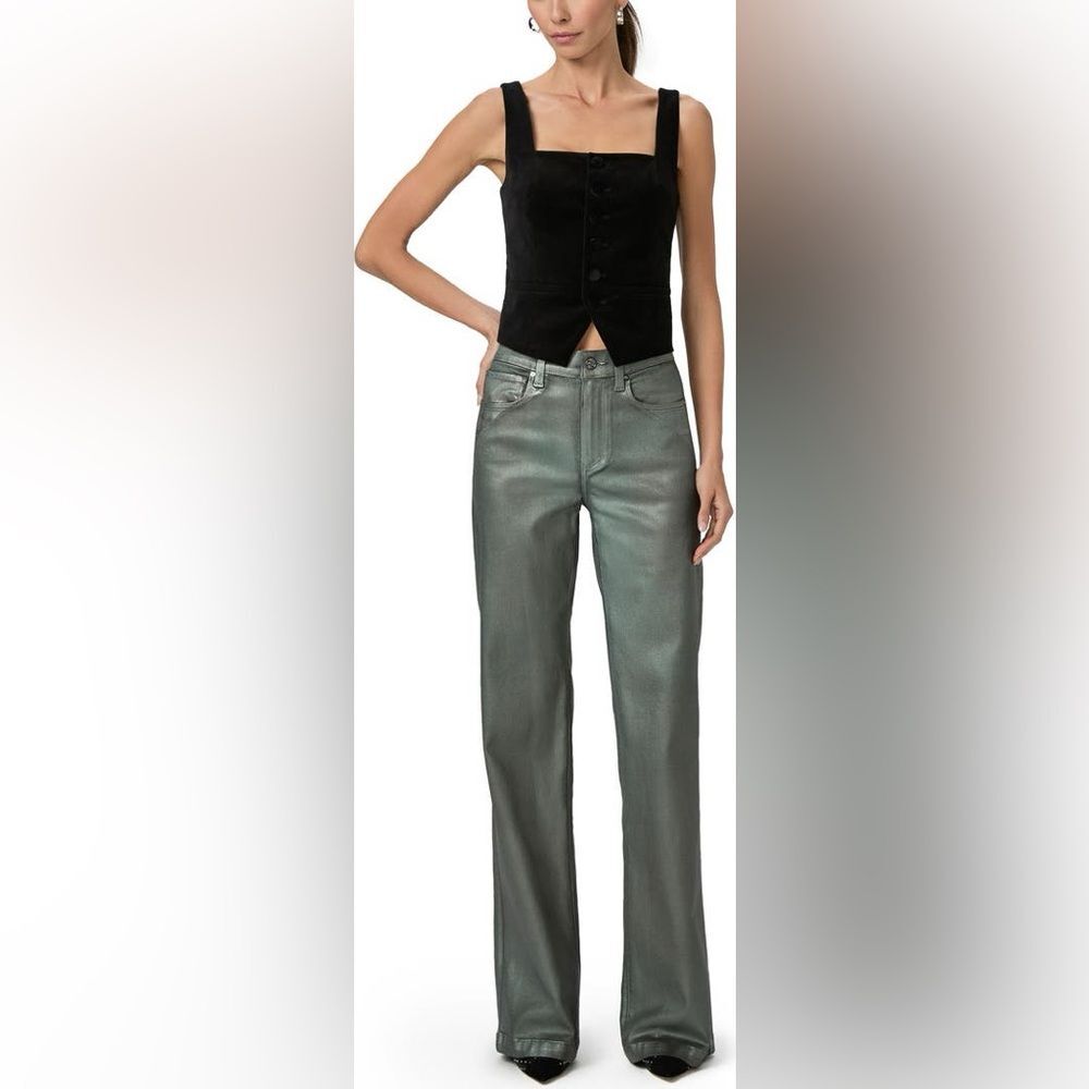 NWOT PAIGE Leenah Coated High Waist Wide Leg Jeans | 27 | Green Luxe Coating